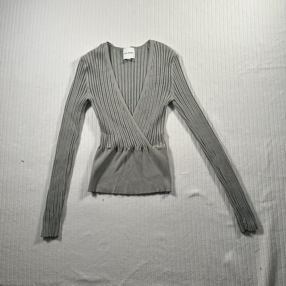 PINK ROSE Green Ribbed Wrap Front Knit Sweater Womens Size XS Surplice V-Neck